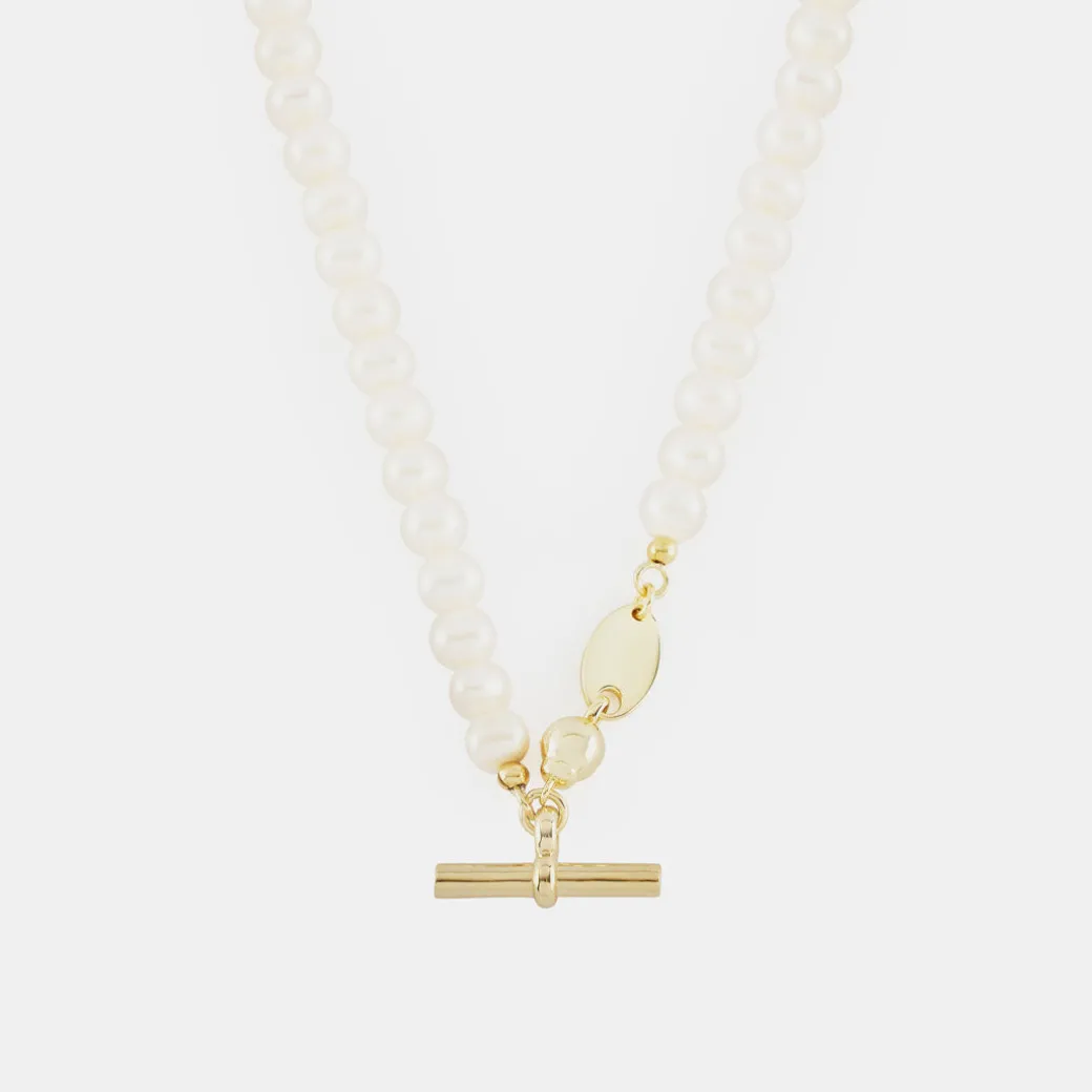 Gold Pearl T-Bar Necklace