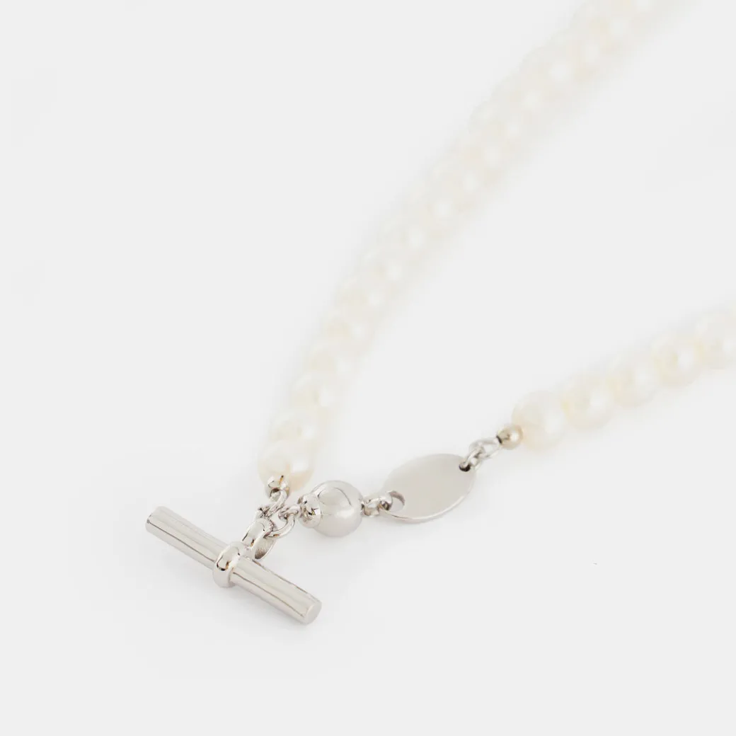 Silver Pearl T-Bar Necklace