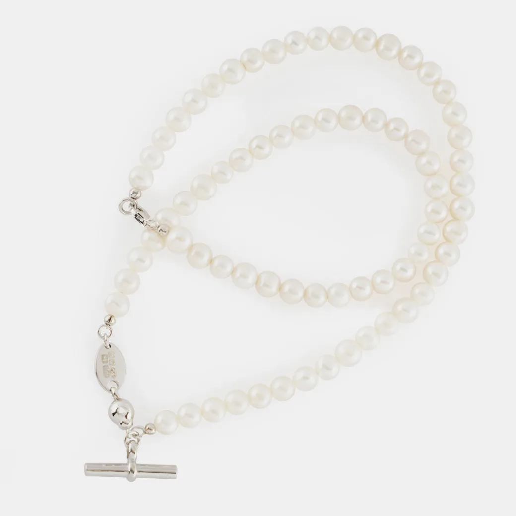 Silver Pearl T-Bar Necklace